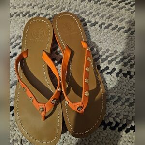 TORY BURCH RICKI FLIP FLOP VEG LEATHER POPPY RED ORANGE